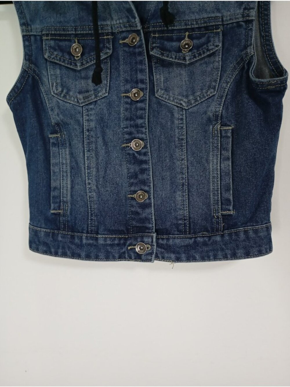 Denim Vest With Hooded Sweater Panel Medium Ranbeeri Cotton Blend Button-Up Blue - Picture 4 of 8